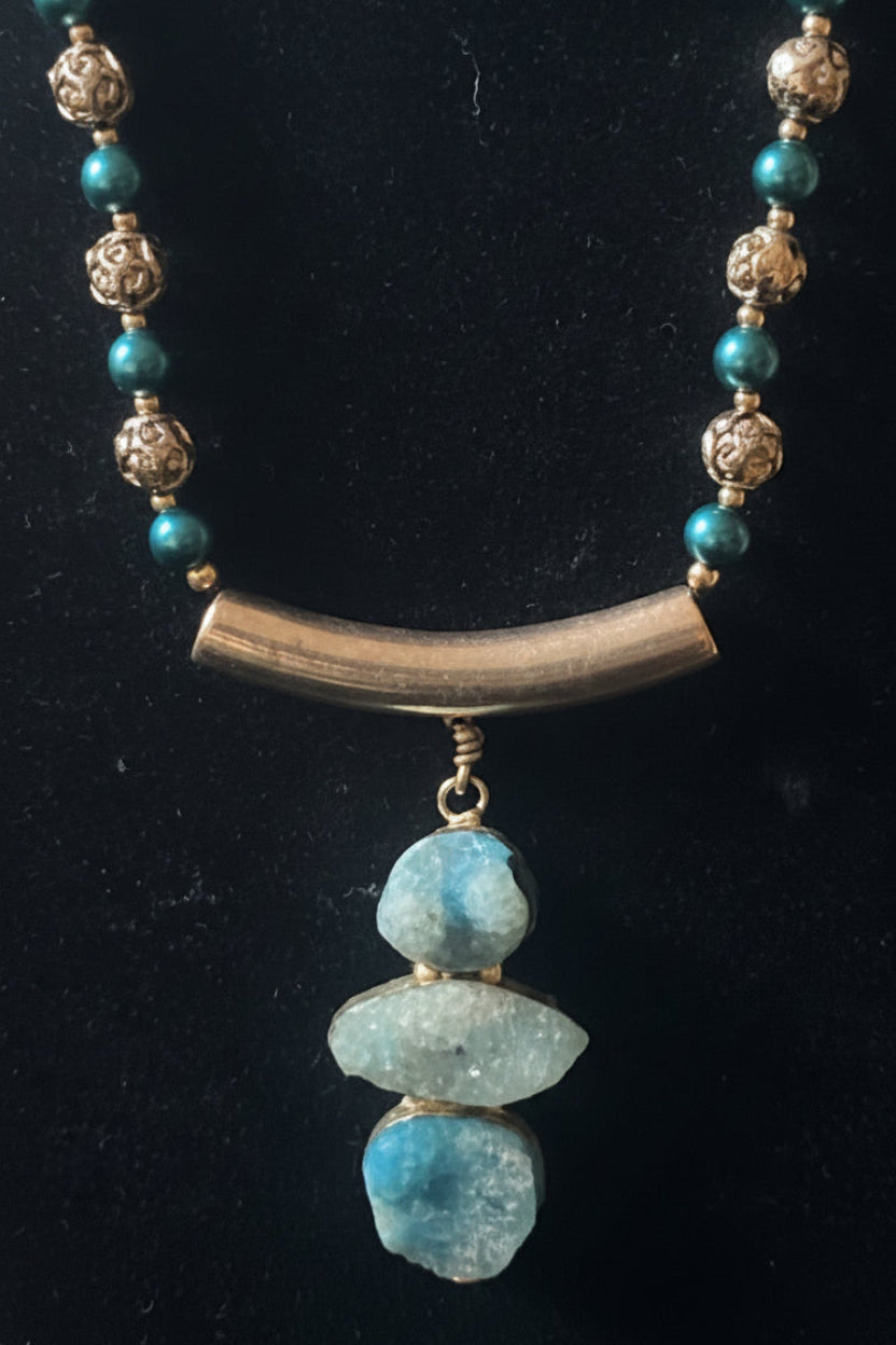 -Bohemian Gemstone Pendant Necklace and Earring Set