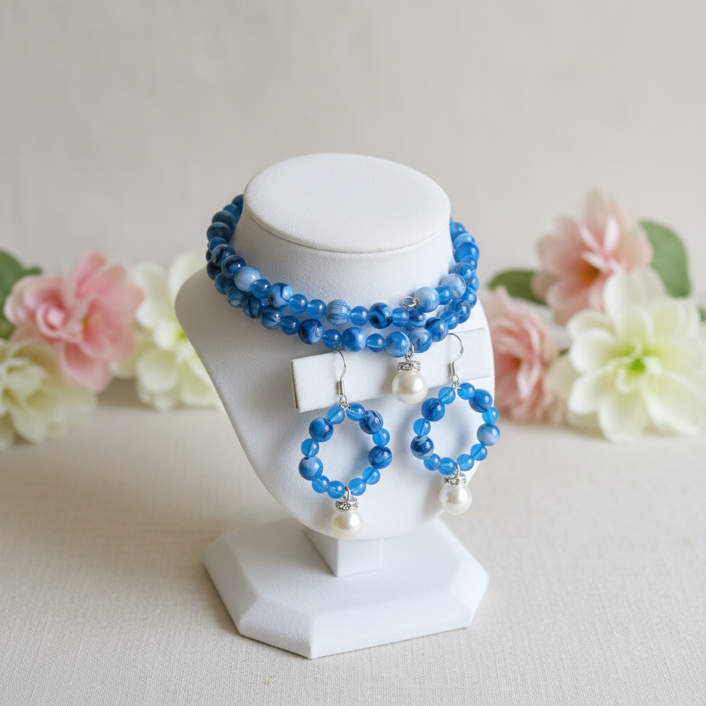 Blue Swirl Beaded Coil Bracelet with Matching Earrings with Pearl Drops