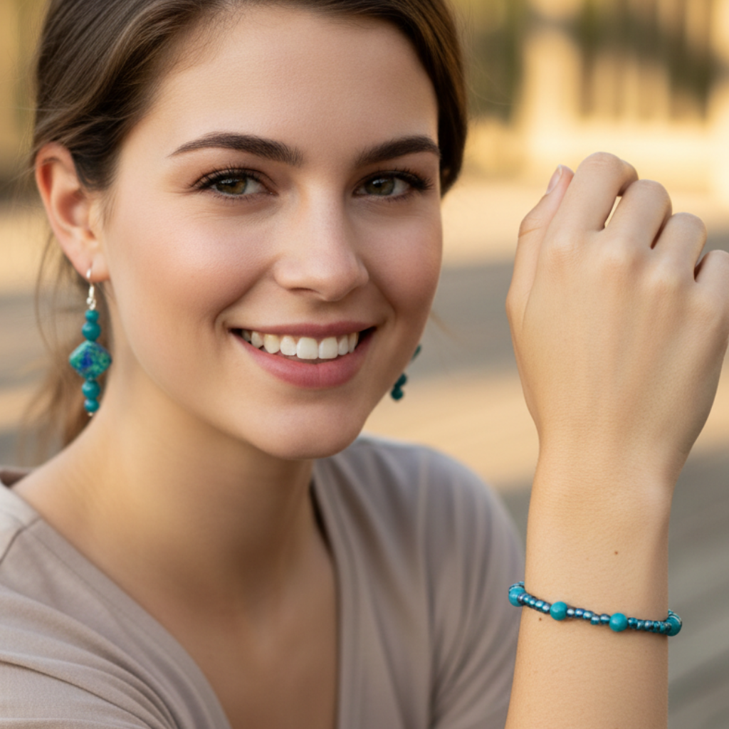A jewelry set featuring a beaded bracelet and matching stud earrings with turquoise-blue beads and a central square opal-like stone, displayed on a textured stone surface.