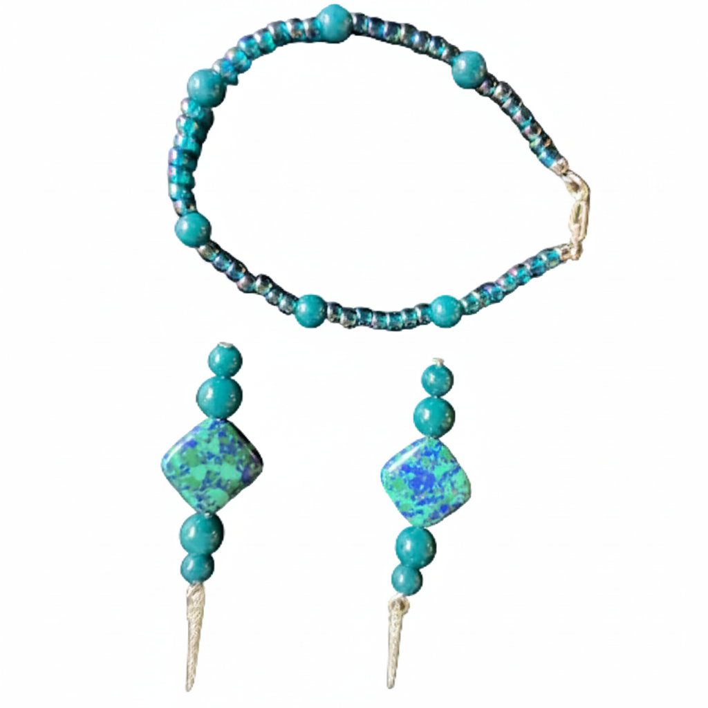 A turquoise and blue beaded bracelet with matching drop earrings, featuring a square blue-green stone and small gold-toned metal accents, shown on a plain white background.