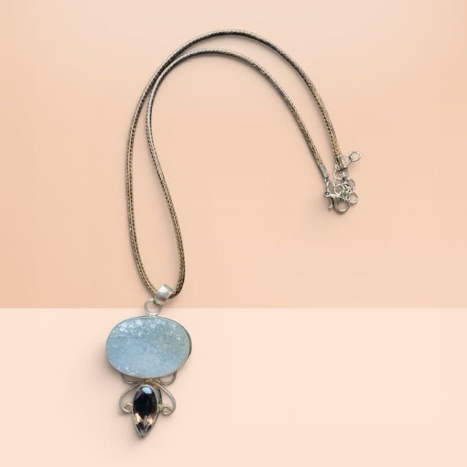 Elegant White Druzy Gemstone Pendant Necklace and Earring Set