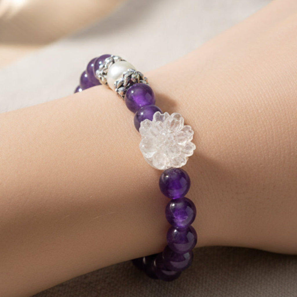Beaded Purple Flower Bracelet With Charm Accents