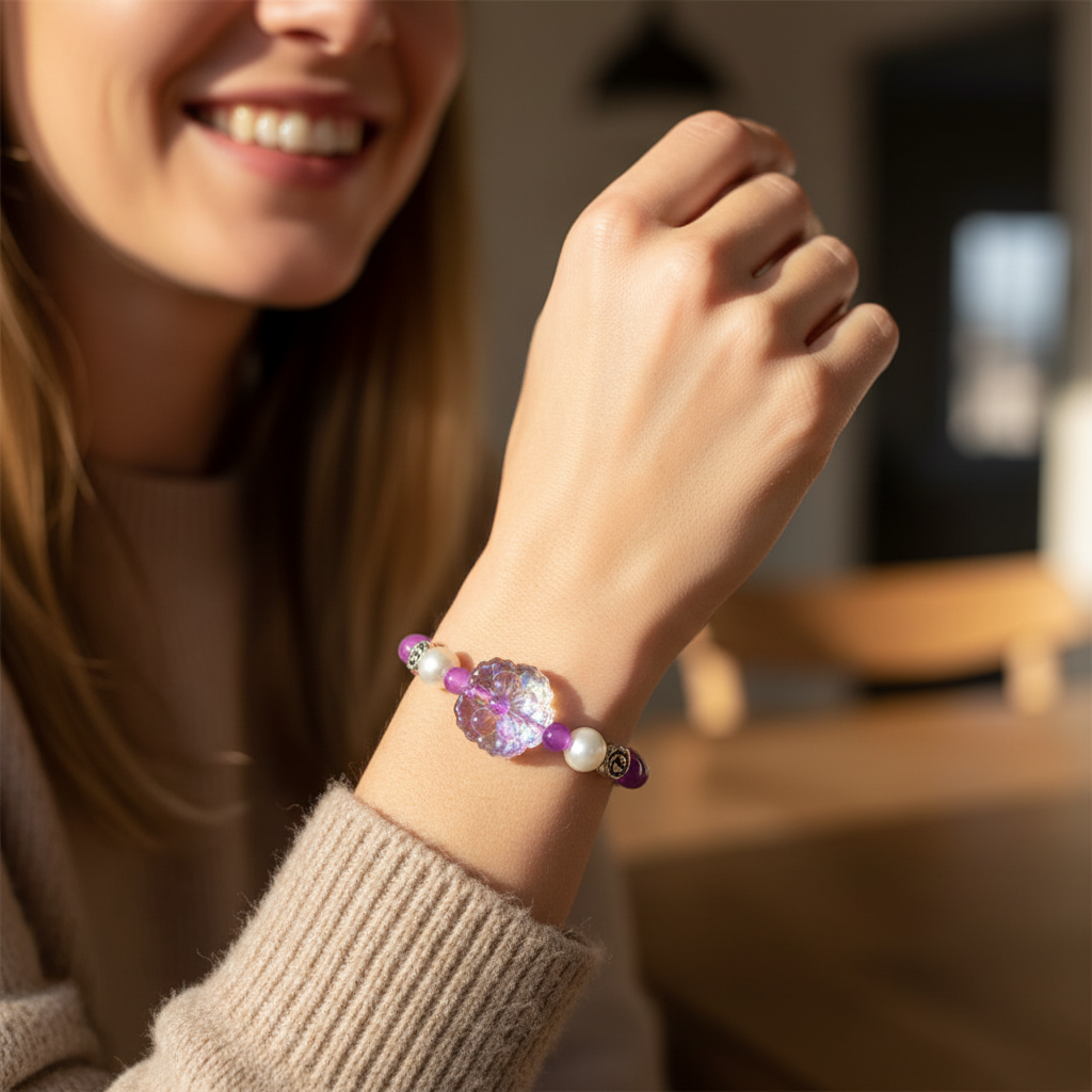 A close-up lifestyle shot of a woman wearing a beaded bracelet on her wrist. The bracelet features a large, faceted purple heart-shaped crystal in the center, flanked by white pearl-like beads and purple and silver spacer beads.