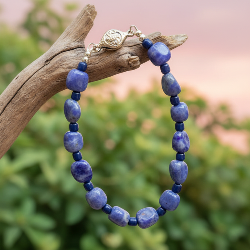 -Blue Stone Beaded Bracelet With Clasp
