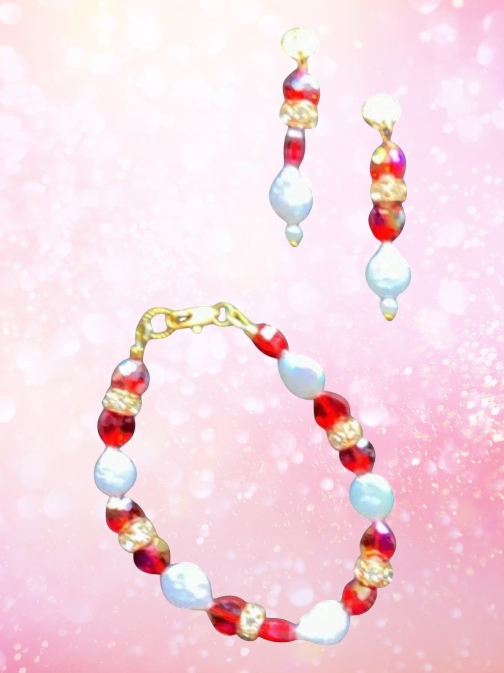 Colorful beaded bracelet with a gold clasp against a pink sky background