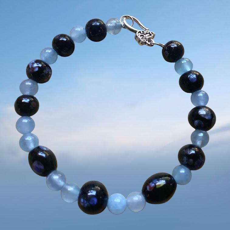 *Elegant Beaded Necklace, Bracelet and Earring Set with Lampwork Black Floral Beads Highlighting Each Piece