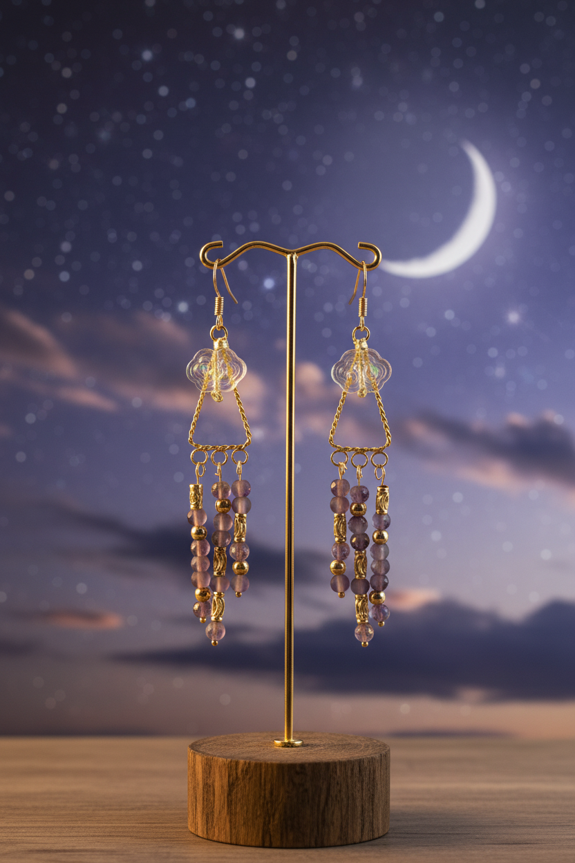A pair of long dangling earrings displayed on a gold-tone stand with a wooden base, set against a night sky backdrop with a crescent moon and stars.
