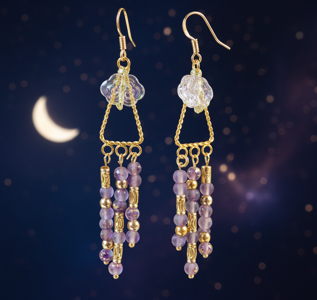 A pair of gold-tone dangle earrings with clear faceted beads at the top, gold chain details, and multiple strands of lavender-purple and gold beads hanging below, shown against a dark blue night-sky background with a crescent moon.