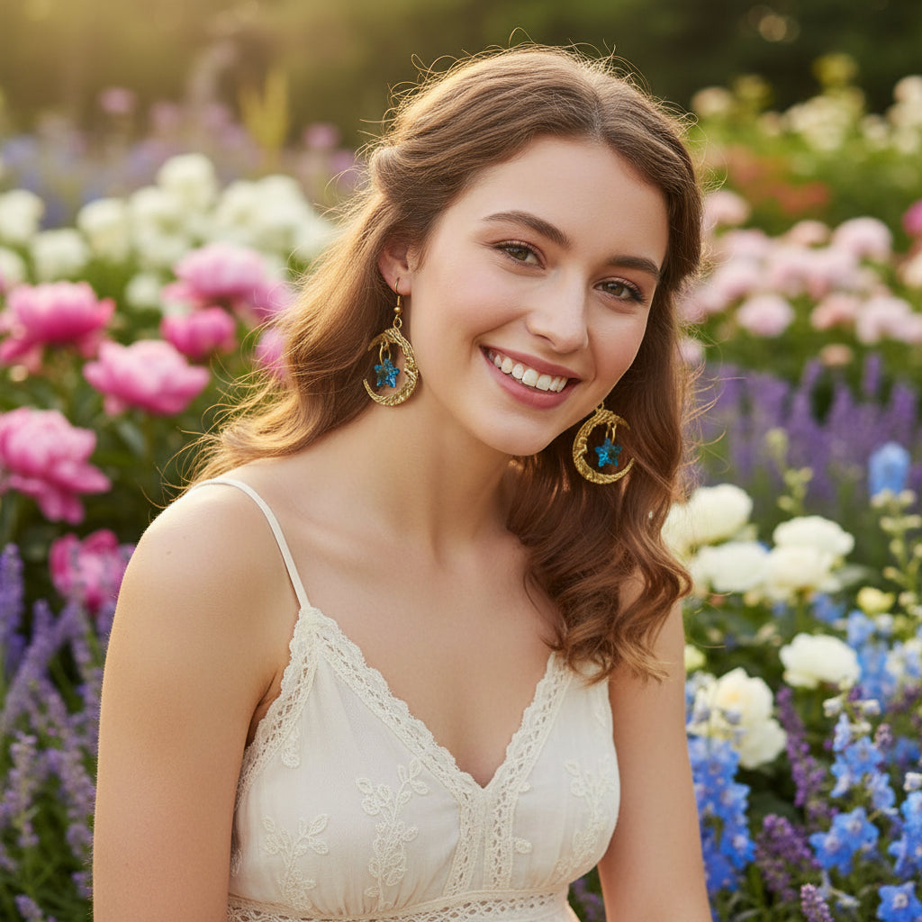 A pair of gold crescent moon dangle earrings with textured details and a small blue star crystal hanging in the center, shown on a white background with a soft reflection.