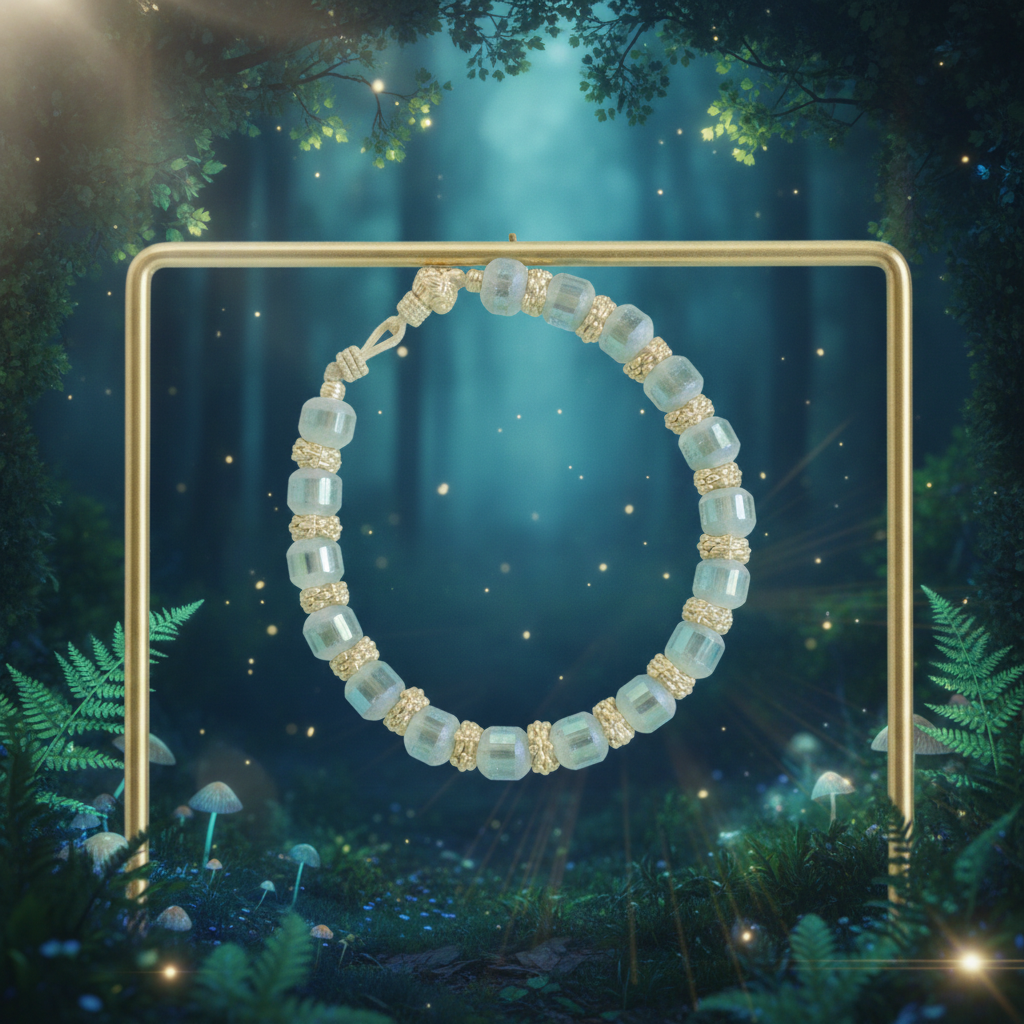 a handmade bracelet featuring a series of iridescent, rectangular blue-green glass beads, each separated by a small, textured golden metal bead, strung on a thin, light-colored cord with a simple golden clasp.