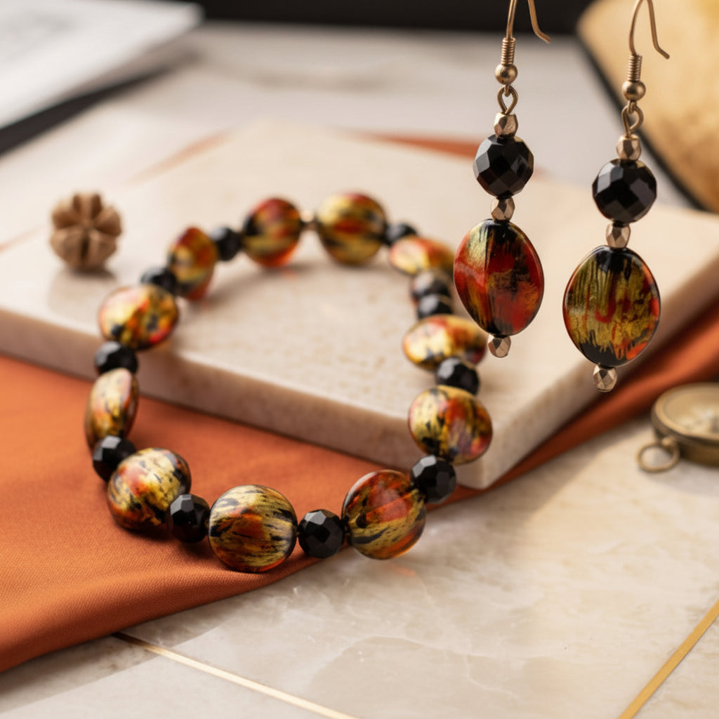 Heartfelt Creations artisan jewelry set featuring a beaded bracelet and drop earrings with fiery red and gold beads.
