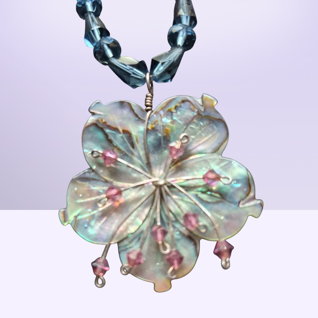 Heartfelt Creations abalone shell flower necklace with pink crystals and blue beads