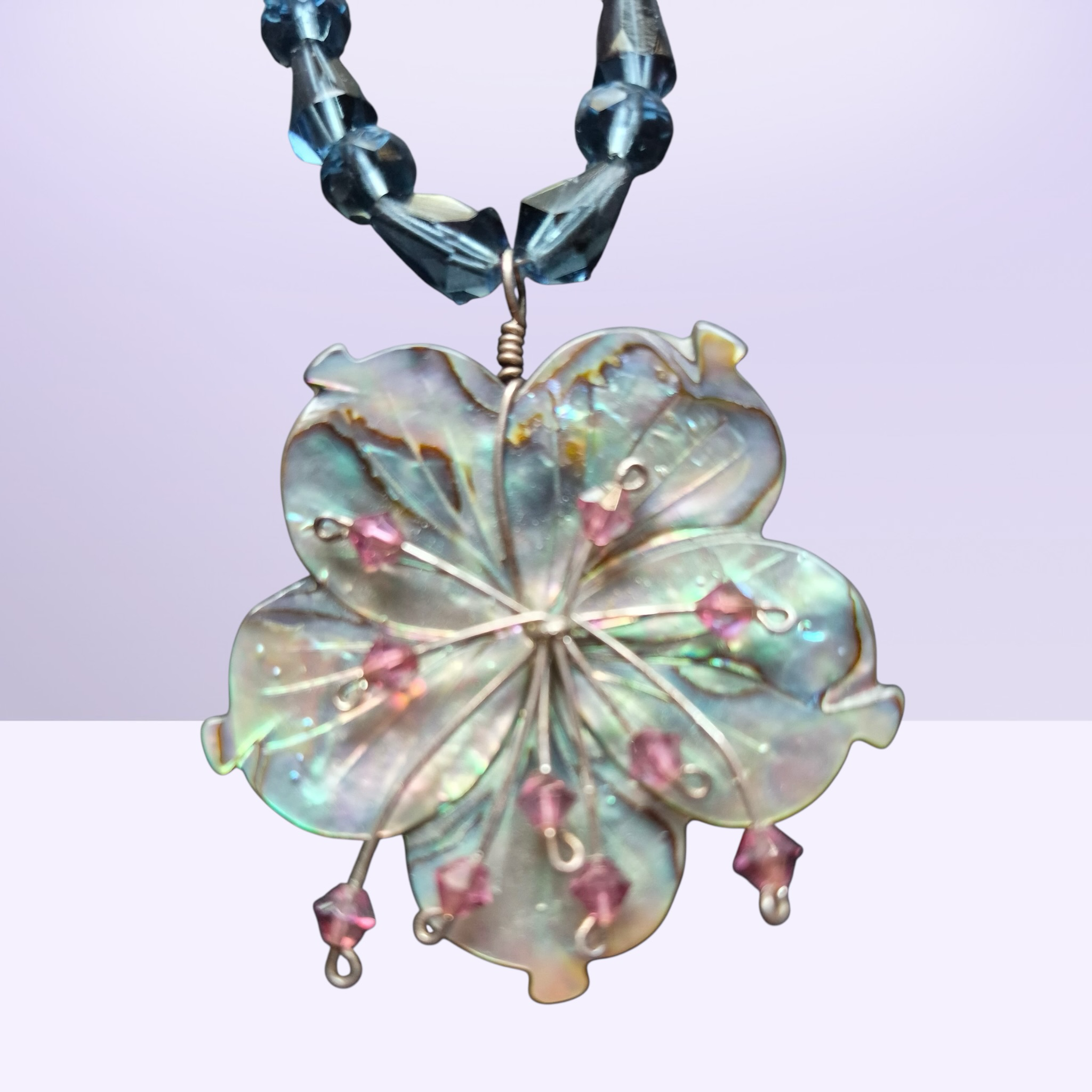 Heartfelt Creations abalone shell flower necklace with pink crystals and blue beads