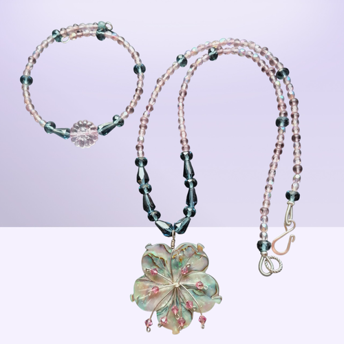 Heartfelt Creations abalone shell flower necklace and bracelet set with pink crystals and teal beads.