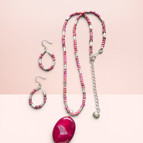 Heartfelt Creations fuchsia agate pendant necklace with pink gemstone beads and silver-tone accents, matching hoop earrings.