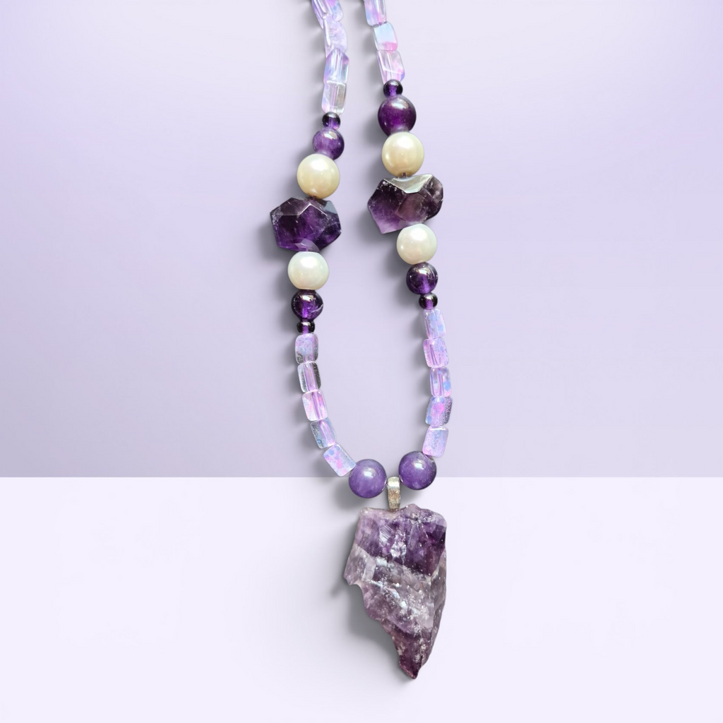 Heartfelt Creations bohemian amethyst pendant necklace with iridescent opal-style beads and lustrous pearls.