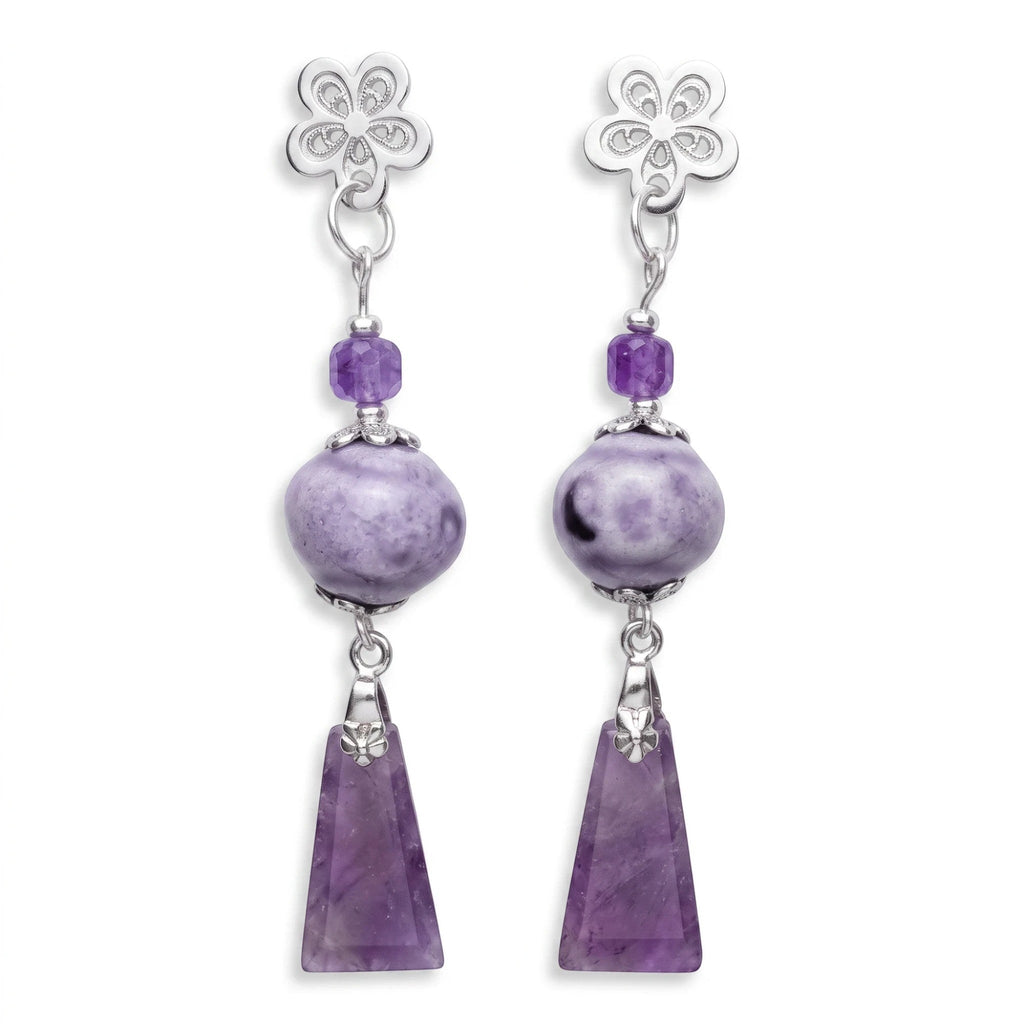 Heartfelt Creations floral dangle earrings featuring lilac ceramic beads and geometric amethyst pendants in silver-tone.