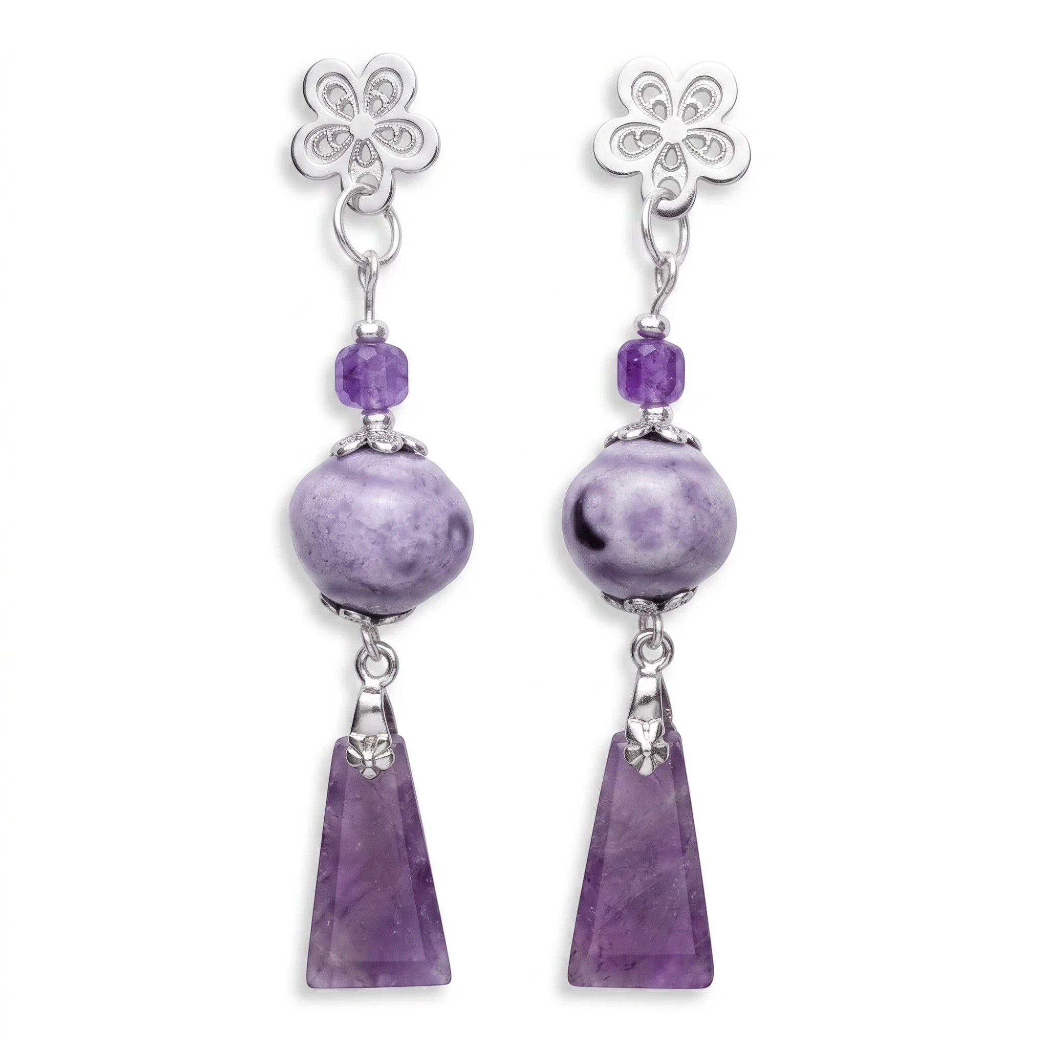 Heartfelt Creations floral dangle earrings featuring lilac ceramic beads and geometric amethyst pendants in silver-tone.