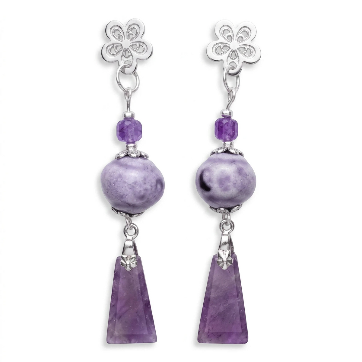 Heartfelt Creations floral dangle earrings featuring lilac ceramic beads and geometric amethyst pendants in silver-tone.