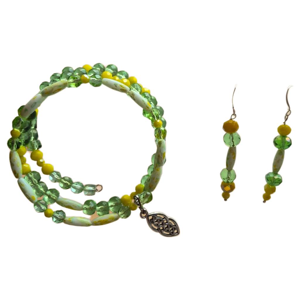 A beaded jewelry set featuring a multi-strand bracelet and matching drop earrings. The beads are primarily translucent green, bright yellow, and light olive green with white marbled accents, finished with bronze-toned metal findings.
