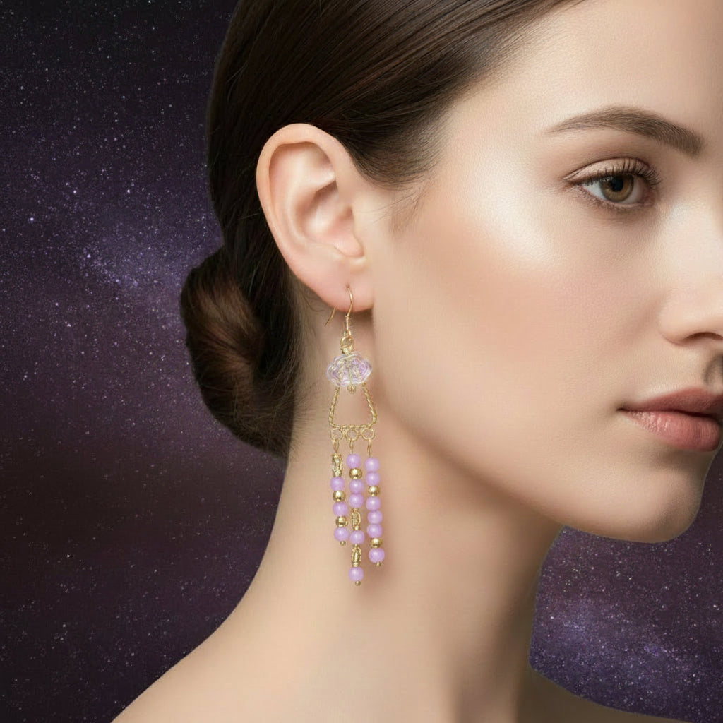 Heartfelt Creations gold-tone dangle earrings with iridescent cloud bead and strands of lavender & clear beads.