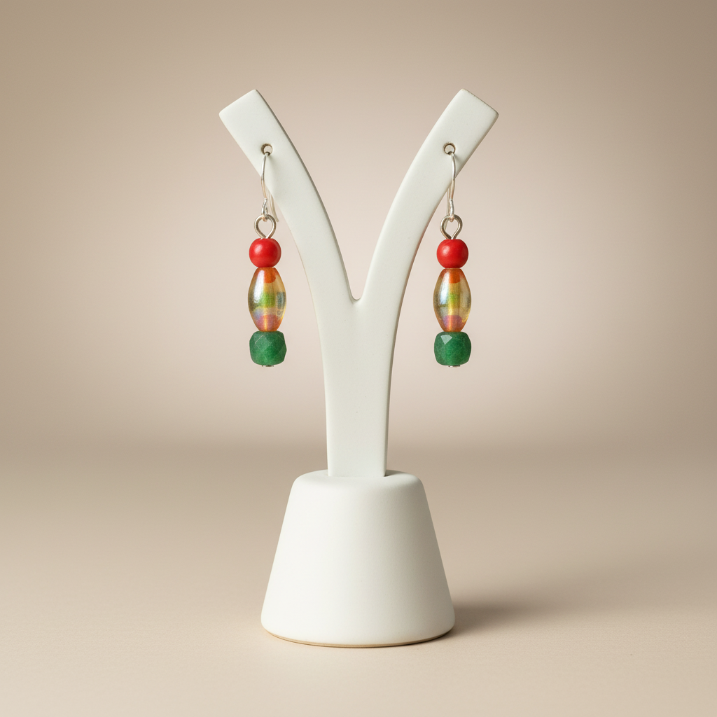 A pair of handmade dangle earrings displayed on a white ceramic Y-shaped jewelry stand against a warm beige background. The earrings feature a silver-toned fishhook wire, a small red bead, a translucent green and yellow patterned bead, and a round green bead at the bottom.