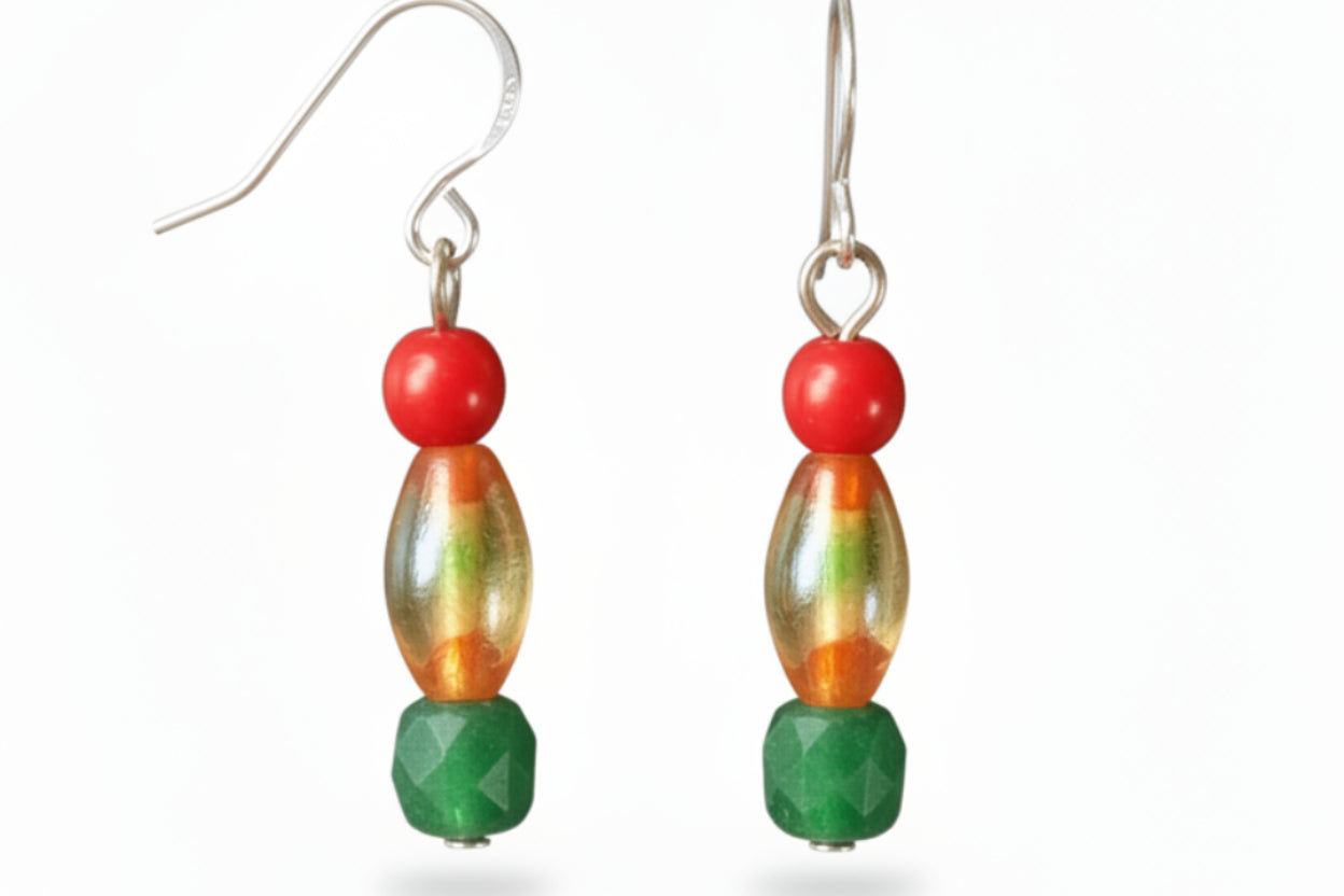 Heartfelt Creations handcrafted dangle earrings with red, multi-toned glass, and faceted green gemstone beads.