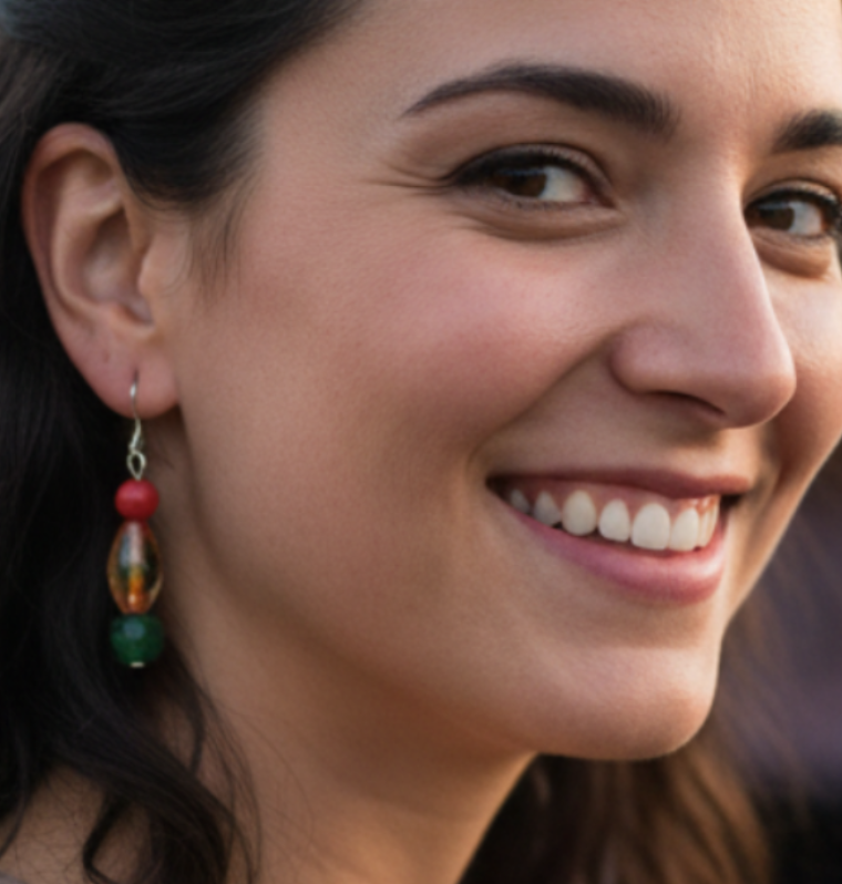 A smiling woman with dark hair pulled back, wearing a taupe-brown top and colorful dangling earrings, photographed at an outdoor event with a blurred stage and lights in the background.