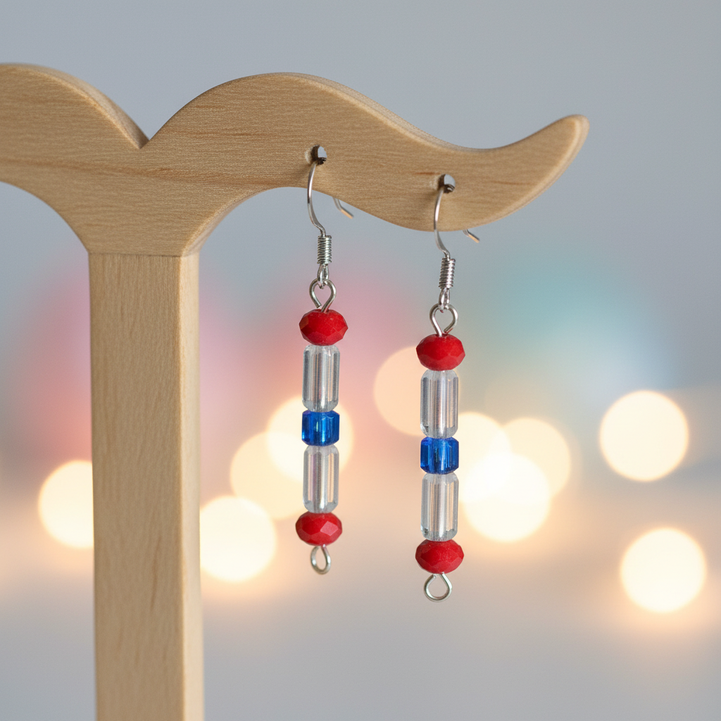 a pair of handmade dangle earrings with a distinguishable patriotic flair.  The column of red white and blue beads sparkle in the light!