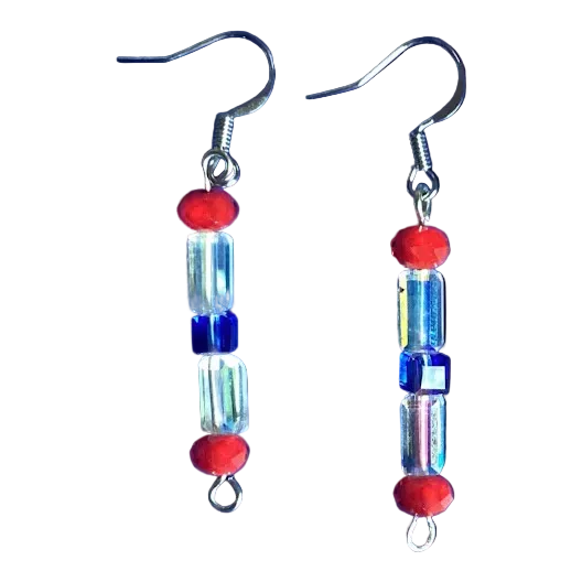 a pair of handmade dangle earrings with a distinguishable patriotic flair.  The column of red white and blue beads sparkle in the light!