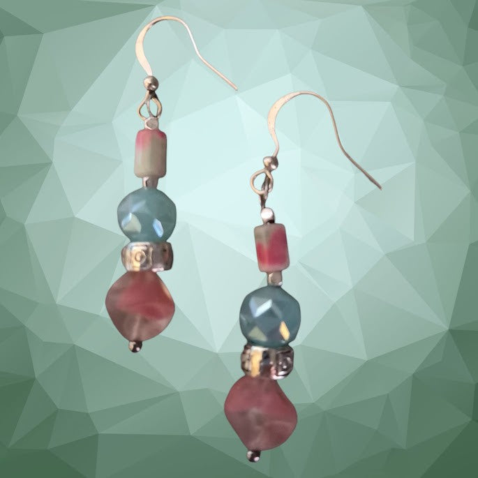 Heartfelt Creations artisan drop earrings with pink and teal faceted glass beads and silver-tone spacers