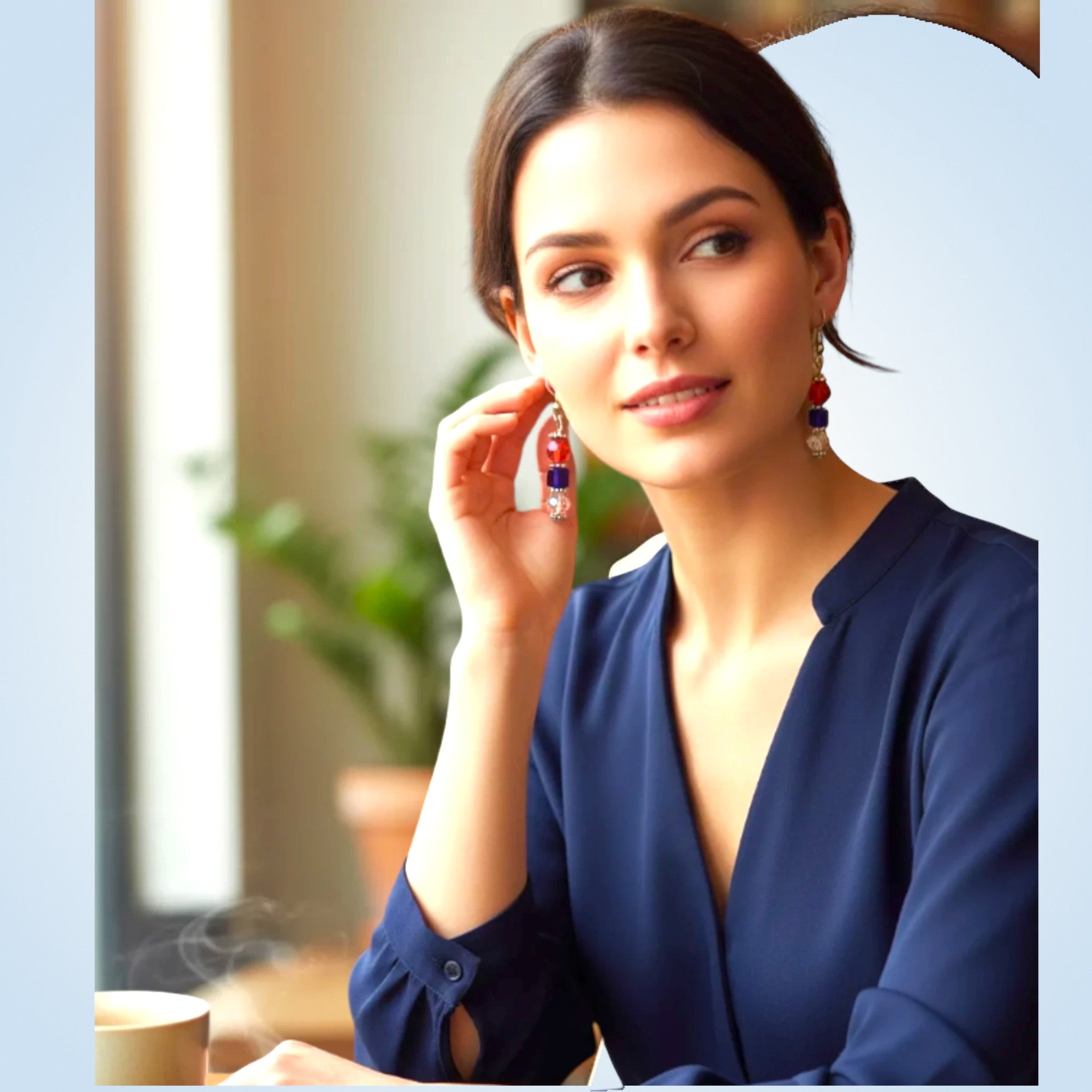 Heartfelt Creations handcrafted drop earrings with red, blue, and clear beads worn by a woman in a navy blouse.