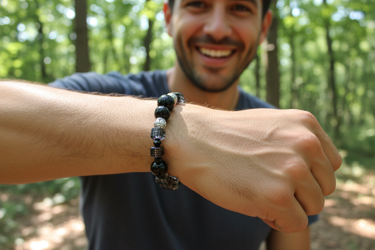 A man wearing a dark beaded bracelet with silver and black beads, shown in a close-up of his wrist and arm with a blurred forest background.