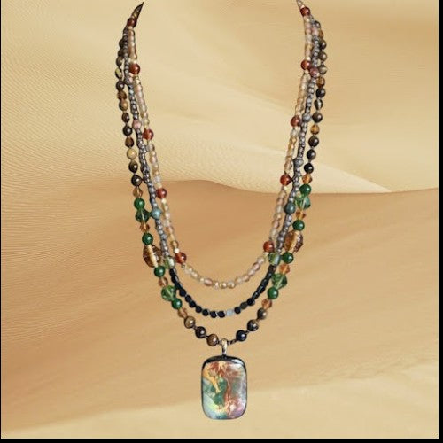 Heartfelt Creations multi-strand beaded necklace, wrap bracelet, and teardrop earrings with a handcrafted  fused glass pendant.  GEORGEOUS!!!
