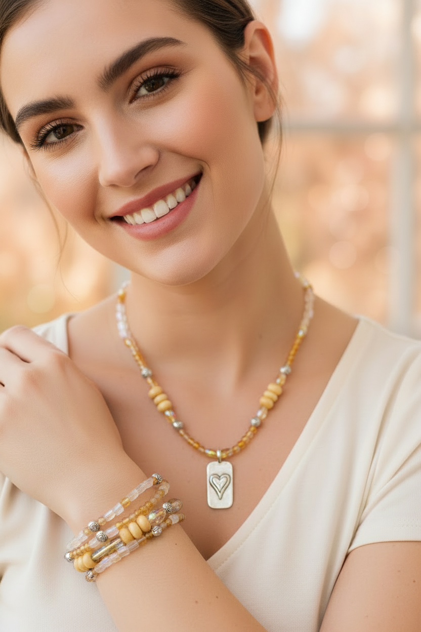 Heartfelt Creations beaded heart pendant necklace and multi-strand wrap bracelet set in amber and silver tones.