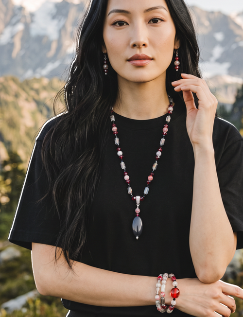 Heartfelt Creations artisan beaded jewelry set with black pendant, red and grey accents worn by a woman in mountains.
