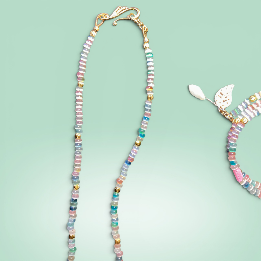Heartfelt Creations pastel beaded necklace and bracelet set with pink jade-like stones and gold spacers.