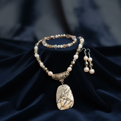 Heartfelt Creations handcrafted beaded jewelry set with stone pendant necklace, matching bracelet, and drop earrings.