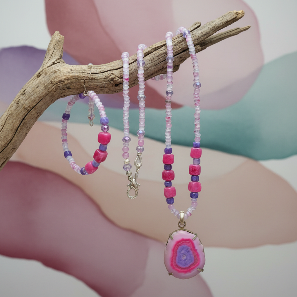 Heartfelt Creations handmade jewelry set consisting of a necklace and a bracelet, both featuring a mix of small, faceted beads in shades of white, pink, and light purple, interspersed with larger, square-shaped beads in vibrant magenta and deep purple. The necklace has a large, oval-shaped pendant with a polished, pink and purple agate slice set in a gold-toned bezel, and a silver-toned hook clasp. The bracelet is a smaller version of the necklace, with the same bead pattern.