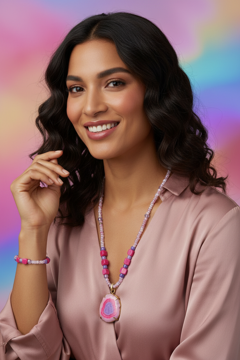 Heartfelt Creations handmade jewelry set consisting of a necklace and a bracelet, both featuring a mix of small, faceted beads in shades of white, pink, and light purple, interspersed with larger, square-shaped beads in vibrant magenta and deep purple. The necklace has a large, oval-shaped pendant with a polished, pink and purple agate slice set in a gold-toned bezel, and a silver-toned hook clasp. The bracelet is a smaller version of the necklace, with the same bead pattern.