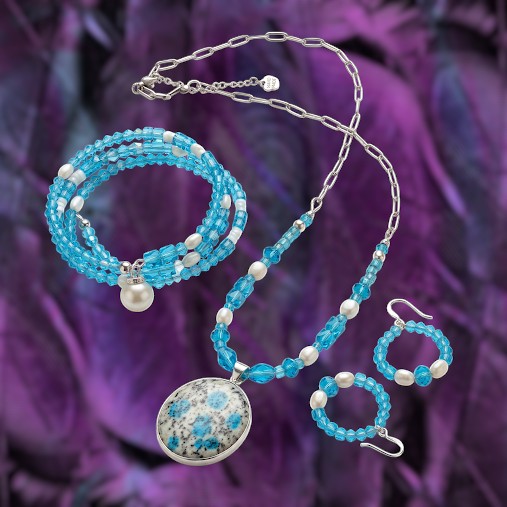 Heartfelt Creations handcrafted jewelry set with K2 Blue Azurite pendant, turquoise glass beads, and faux pearls.
