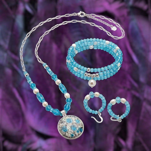Heartfelt Creations handcrafted jewelry set with K2 Blue Azurite pendant, turquoise glass beads, and faux pearls.