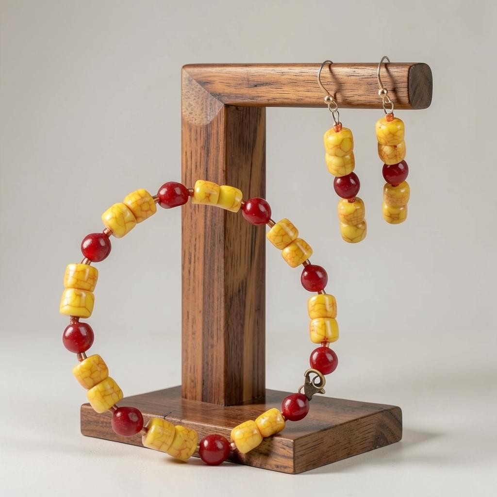 Heartfelt Creations jewelry set with yellow crackle beads and red accents on a wooden display stand