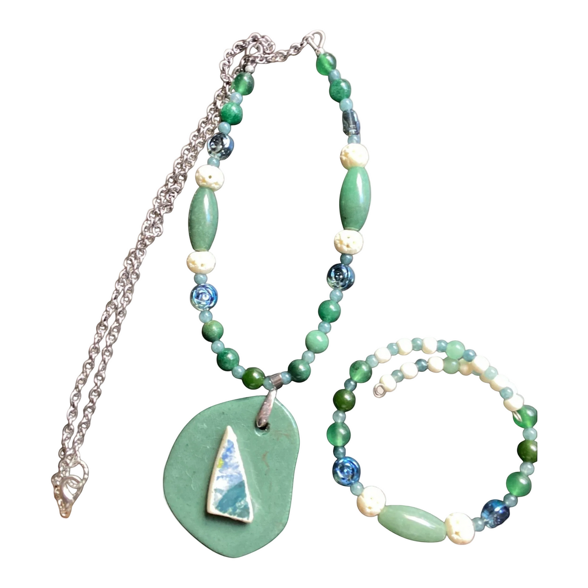 Artisan Beaded Jewelry Set with Necklace, Bracelet and Earrings