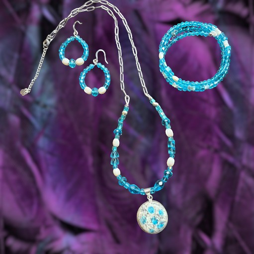 Heartfelt Creations handcrafted jewelry set with K2 Blue Azurite pendant, turquoise glass beads, and white faux pearls.
