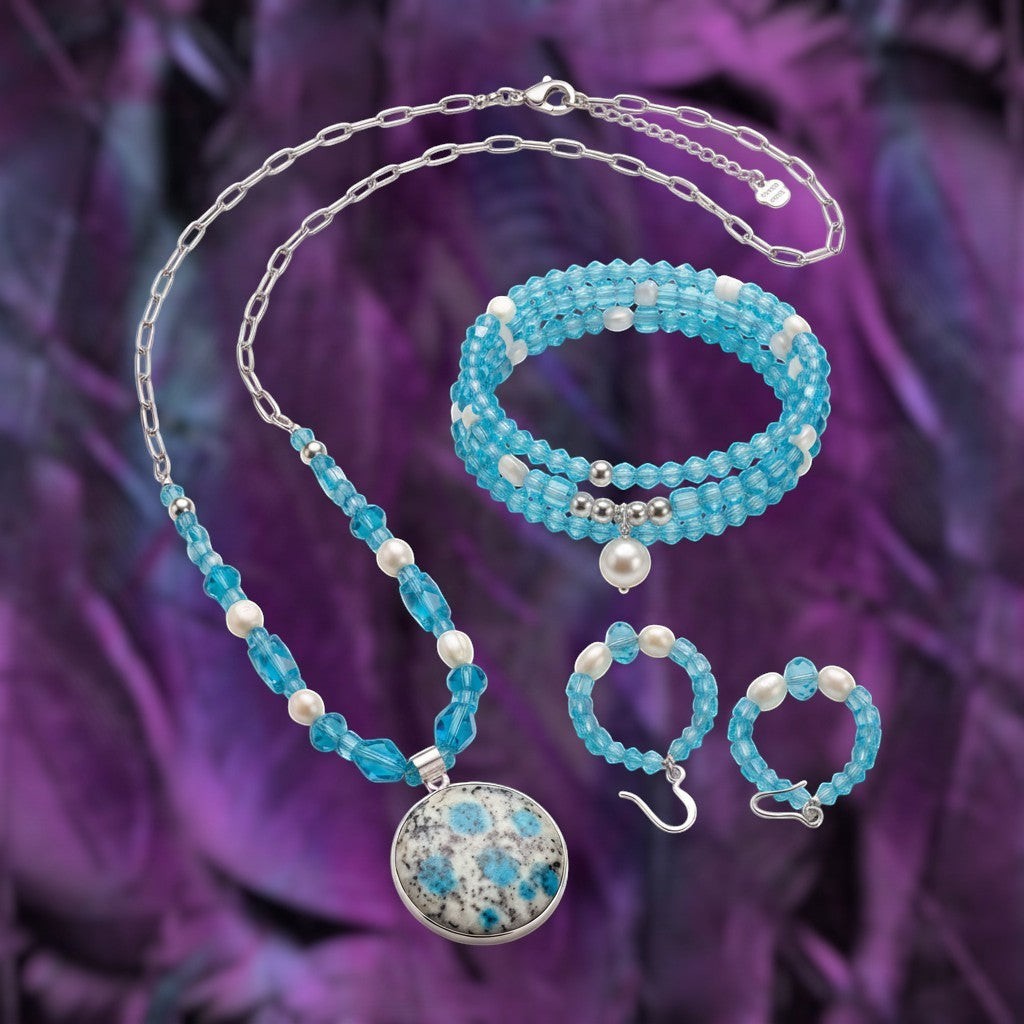 Heartfelt Creations handcrafted jewelry set with K2 Blue Azurite pendant, turquoise glass beads, and faux pearls.