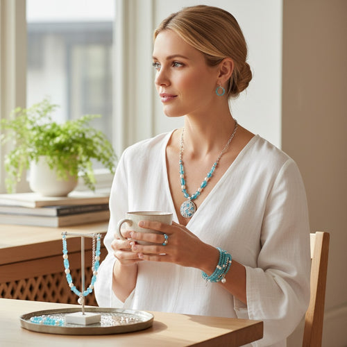 Heartfelt Creations handcrafted jewelry set with K2 Blue Azurite pendant, turquoise beads, and pearls worn by a woman