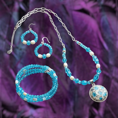 Heartfelt Creations handcrafted jewelry set with K2 Blue Azurite pendant, turquoise glass beads, and faux pearls.