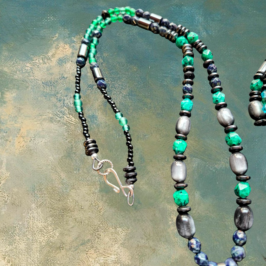 Heartfelt Creations artisan beaded necklace and bracelet set with green, blue, and grey stones, hematite, and crystals.