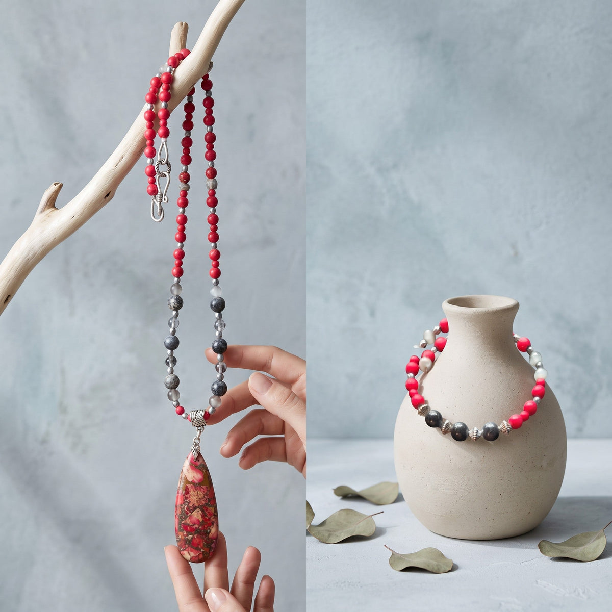 Heartfelt Creations beaded necklace with teardrop pendant and matching wrap bracelet in red and grey stone beads.